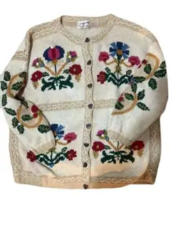 60s 70s USA古着 カラフル 花柄刺繍ニットカーディガン vintage