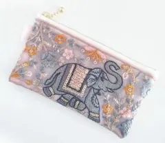 インド刺繍リボン　フラットポーチ　ゾウ