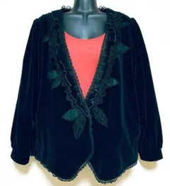 黒 別珍 ジャケット 刺繍 レース装飾 ゆったり