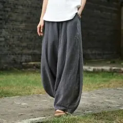 新品　【グレー】　リネン　綿麻　コクーン　サルエル　ワイドパンツ　ゴム　無地
