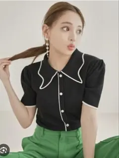 GRL ウエーブ襟付きバイカラーニットトップス