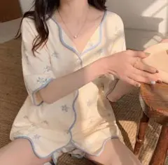 ルームウェア　レディース　韓国　夏　半袖　花柄　セットアップ　かわいい　ブルー
