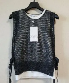【新品】ZARA ベスト Tシャツ メタリック リボン ブラック(S)