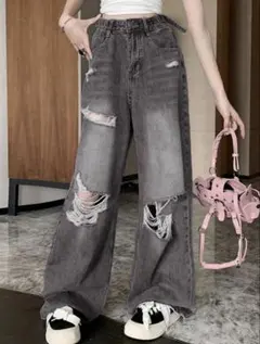 ダメージ加工ワイドレッグデニムパンツ - メルカリ