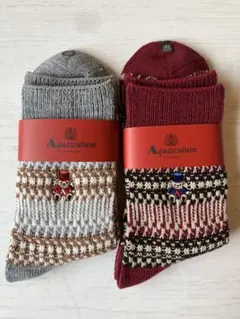 日本製 アクアスキュータム XMASベア2足組 メンズ靴下 ウール混　グレー