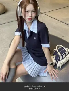 【Nono企画】ドッキングプリーツミニワンピース ネイビー