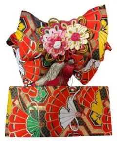 【中 5歳】七五三 作り帯 二部式 結び帯 赤 金彩 華やか 花柄