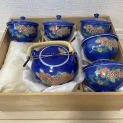 新品未使用　急須&蓋付き湯呑みセット　青花柄　木箱入り