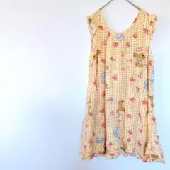 美品✨ ノースリーブワンピース イエロー チェック柄 くま柄 花柄 フリル