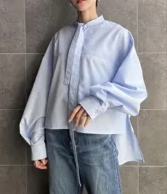ボンジュールサガン　タックロングスリーブボウタイシャツブラウス　ブルーのサムネイル
