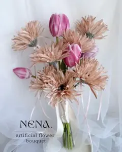 ブートニア付き　春を束ねたウェディングブーケ　　花束　アーティフィシャルフラワー