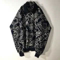 【個性派古着】長袖総柄デザインシャツ　プルオーバー　アジアン風　幾何学模様　M