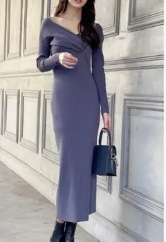 Lサイズ　ラベンダー　ロングニットワンピース 長袖