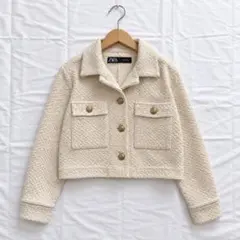 ZARA ツイードジャケット アイボリー ショート丈 金ボタン クラシカル