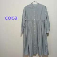 coca ギャザーワンピース　バンドカラー　ストライプ　ロング　ポケット