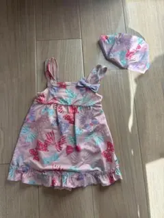 リボン柄 ワンピース水着 帽子付き110サイズ