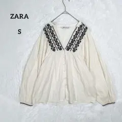 ZARA Ｖネック エスニック 刺繍 ボリュームスリーブ ブラウス アイボリー