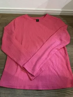 ピンク リブ編み 長袖Tシャツ