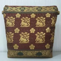 正絹袋帯 ( 美品 段縞 花うさぎ 箔 茶 )リメイクショルダーバック