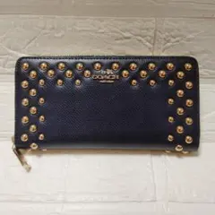 美品　COACH　長財布　ラウンドファスナー　ネイビー　スタッズ　レザー