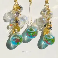 揺れる金魚鉢とシャボン玉の和風3点セットピアス　イヤリング