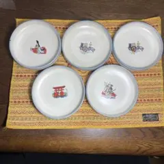 和風イラストの陶器皿4枚セット