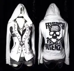 【即日発送可能】y2k グランジ 平成 ホワイト 刺繍 ドクロ フード パーカー