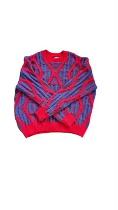 未使用 フリーサイズ 幾何学模様 長袖ニットセーター 赤と青