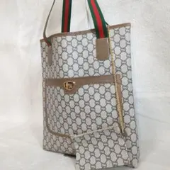 美品 GUCCI トートバッグ PVC シェリーライン GG柄 ブラウン ポーチ