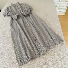春秋 ギンガムチェック♠︎長袖シャツロングワンピ♠︎茶　綿100【L】ゆったり羽織り