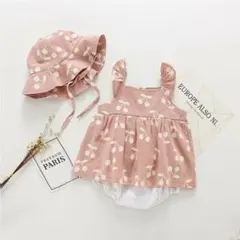 新品 女の子 さくらんぼ柄ワンピース風ロンパース 帽子セット 韓国風 80