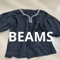 BEAMS HEART ブラック 刺繍ネック 五分袖 トップス レディース
