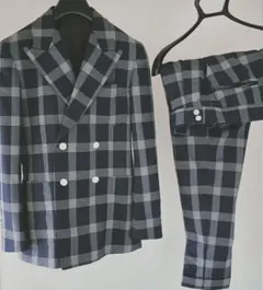 定価10万円以上　御幸毛織　オーダー　ダブルスーツ　細身　S　チェック　ネイビー