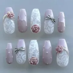 ネイルチップ　量産型　韓国　リボン　薔薇　レース　バレエコア　フレンチガーリー