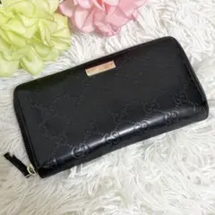 GUCCI 長財布　シマレザー　ラウンドファスナー　GG ロゴプレート　黒