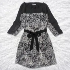 ローラアシュレイ　ワンピース　花柄　シアー袖　ウエストリボン　モノトーン　総柄