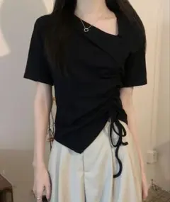 アシンメトリー ドローストリング 半袖Tシャツ ブラックのサムネイル