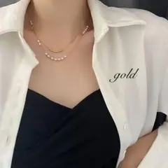 ステンレスネックレス 2連チェーン パール ビーズ 金属アレルギー対応 ゴールド