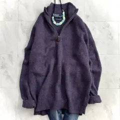 美品ポロラルフローレンハーフジップラムウール100%ニットパープル