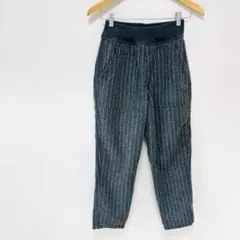 【ディープブルー】ストライプ柄ウールパンツ　S　灰色グレー系　ウエストゴム　秋冬のサムネイル