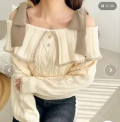 美品 mily bilet 肩リボン使いケーブル編みニット