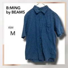 B:MING by BEAMS ギンガムチェック 半袖シャツ ブルー M