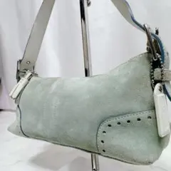 COACH スエード ワンショルダーバッグ ライトブルー ミニバッグ レザータグ