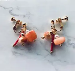 ハンドメイド　イヤリング　ピアス　練り珊瑚　赤珊瑚風　パール　チェコビーズ