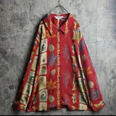 ヴィンテージ 古着 総柄シャツ 花柄 赤 レトロ 幾何学 オーバーサイズ