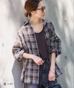 Framework ライトフレンチリネン チェックシャツ ブラウンのサムネイル