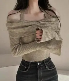 SHEINオフショルダー長袖トップスキャメルカラーM