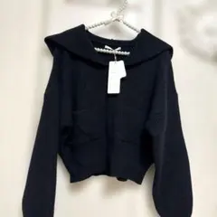 【新品タグ付け】レトロガール フード付きブラッククロップドカーディガン