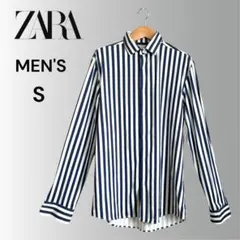 【美品】 ZARA ザラ メンズ ストライプ シャツ 紺白 S カジュアル 人気