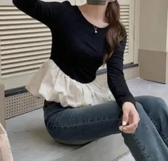 ☆Dazy 長袖トップス M 黒/アイボリー フリル SHEIN☆